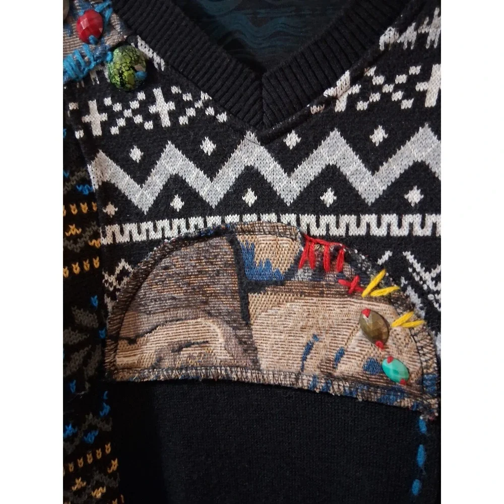 Kessley Womens Patchwork Mixed Media Sweater Dress Black Multi V-Neck Beaded M - Picture 8 of 11